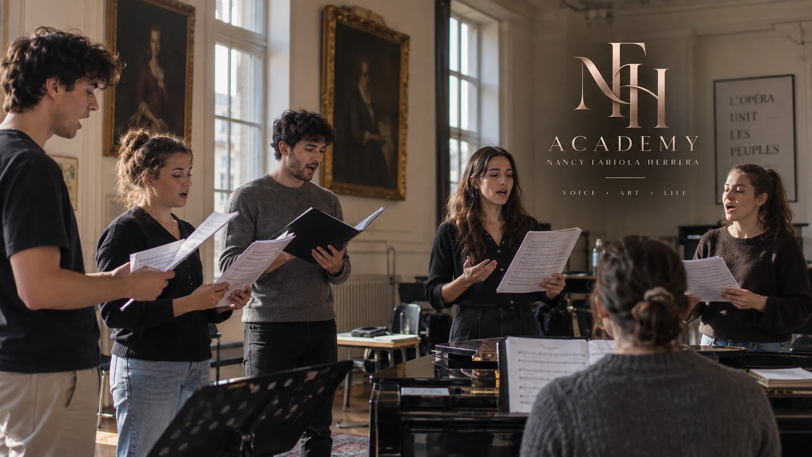 Nancy Fabiola Herrera Academy: singers in rehearsal around the piano